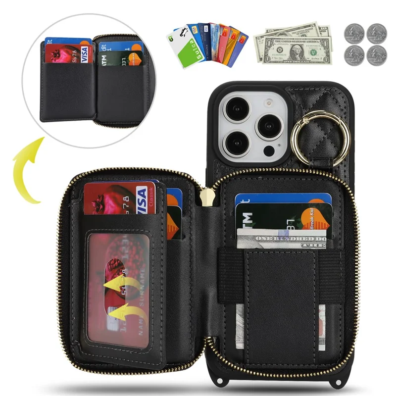 For iPhone 16 Pro Max Case Ring Holder Zipper Pocket Kickstand Leather Back Phone Cover with Shoulder Strap - Black