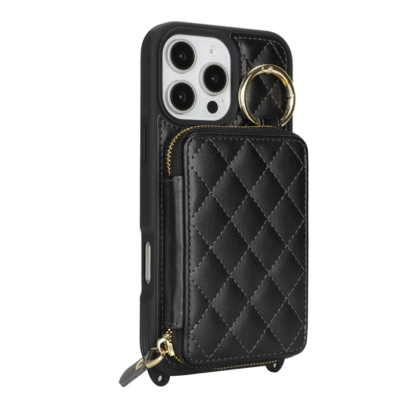 For iPhone 16 Pro Max Case Ring Holder Zipper Pocket Kickstand Leather Back Phone Cover with Shoulder Strap - Black