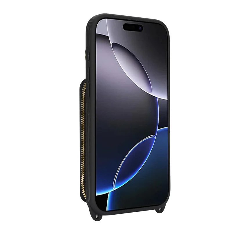 For iPhone 16 Pro Max Case Ring Holder Zipper Pocket Kickstand Leather Back Phone Cover with Shoulder Strap - Black