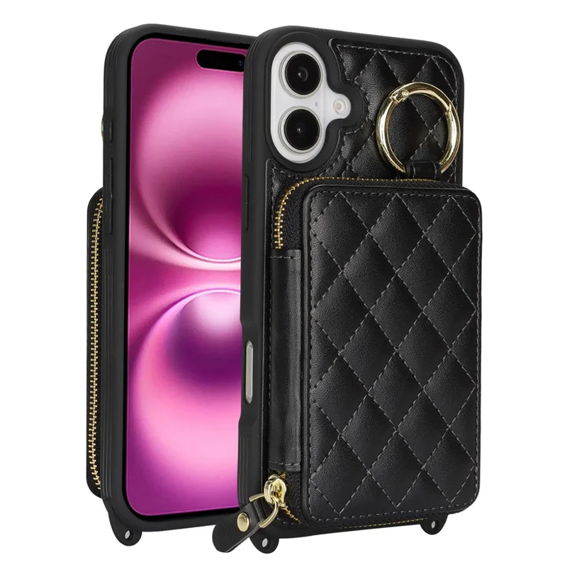 For iPhone 16 Plus Case Ring Holder Zipper Pocket Kickstand Leather Back Phone Cover with Shoulder Strap - Black