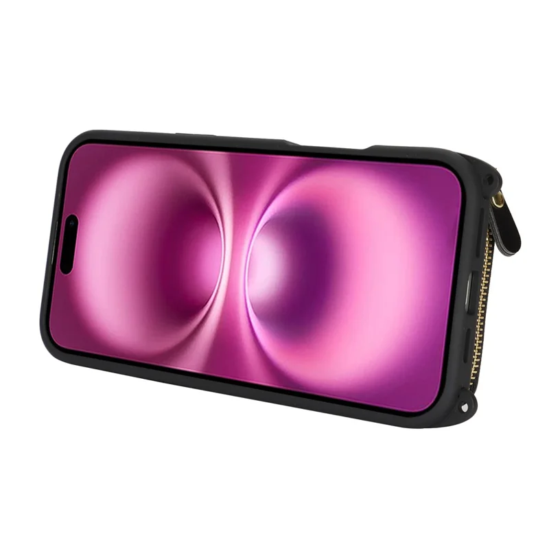 For iPhone 16 Plus Case Ring Holder Zipper Pocket Kickstand Leather Back Phone Cover with Shoulder Strap - Black