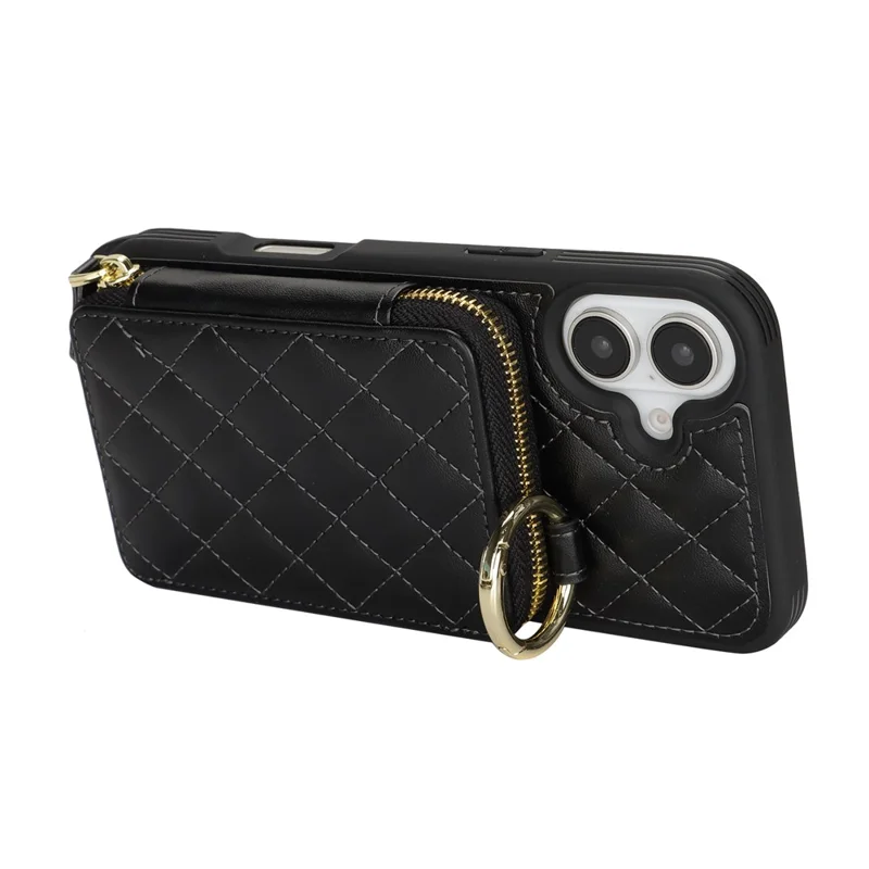 For iPhone 16 Plus Case Ring Holder Zipper Pocket Kickstand Leather Back Phone Cover with Shoulder Strap - Black