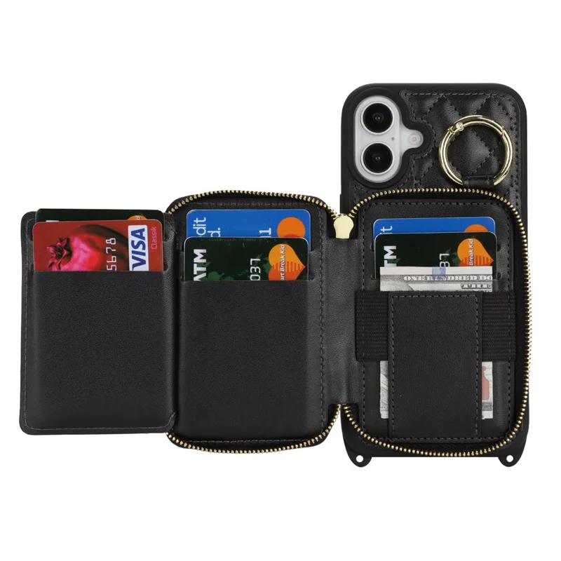 For iPhone 16 Plus Case Ring Holder Zipper Pocket Kickstand Leather Back Phone Cover with Shoulder Strap - Black