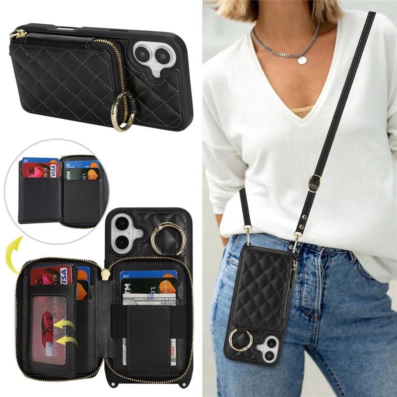 For iPhone 16 Plus Case Ring Holder Zipper Pocket Kickstand Leather Back Phone Cover with Shoulder Strap - Black