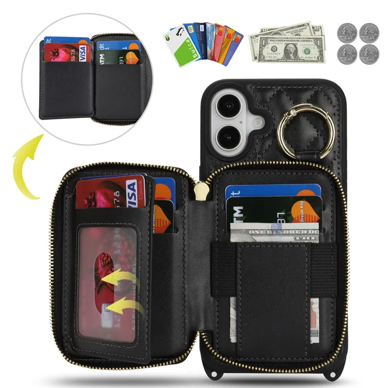 For iPhone 16 Plus Case Ring Holder Zipper Pocket Kickstand Leather Back Phone Cover with Shoulder Strap - Black