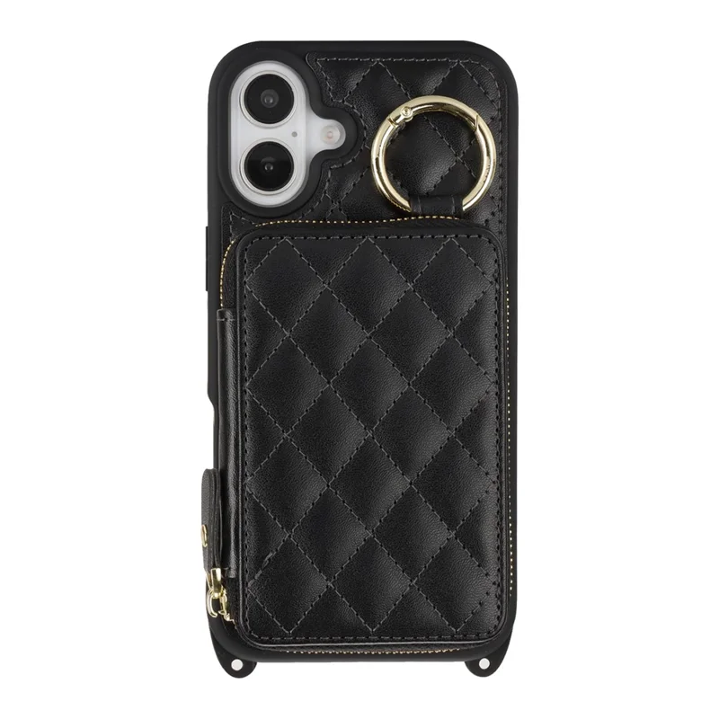 For iPhone 16 Plus Case Ring Holder Zipper Pocket Kickstand Leather Back Phone Cover with Shoulder Strap - Black