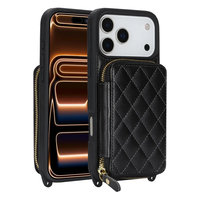Funda para iPhone 17 Pro Max con Soporte de Anillo, Bolsillo con Cremallera, Soporte de Pie, Cubierta Trasera de Cuero con Correa de Hombro - Negro