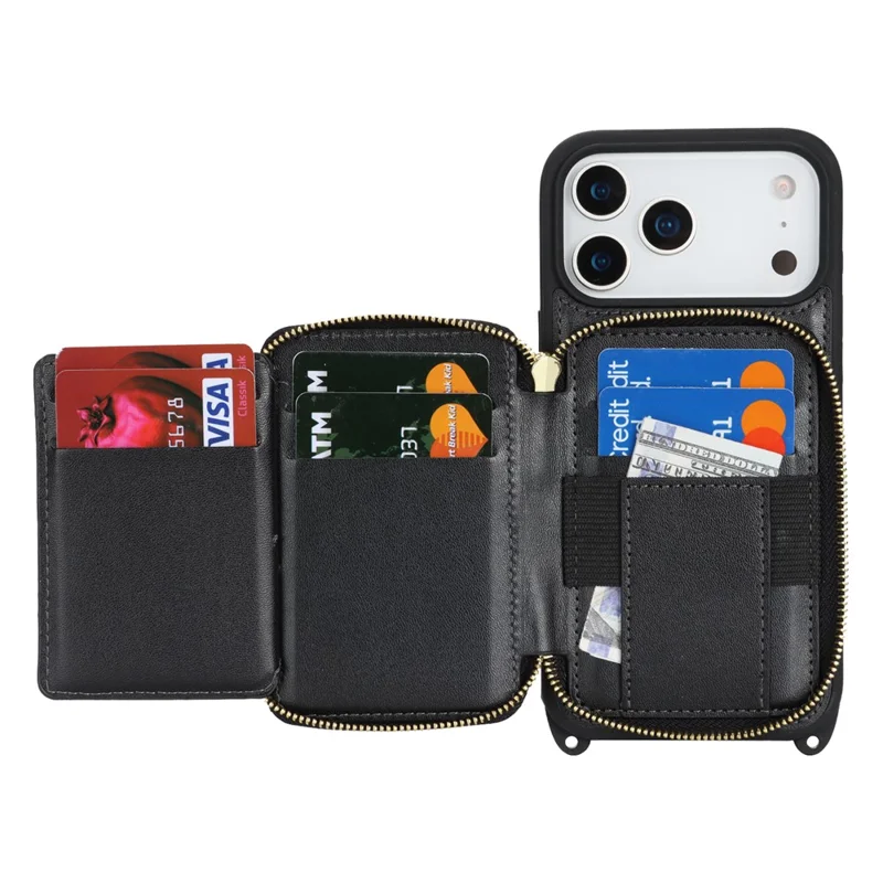 Funda para iPhone 17 Pro Max con Soporte de Anillo, Bolsillo con Cremallera, Soporte de Pie, Cubierta Trasera de Cuero con Correa de Hombro - Negro
