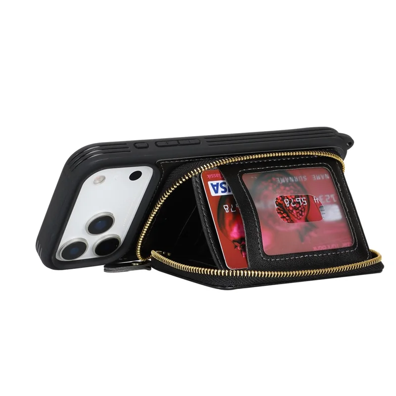 Funda para iPhone 17 Pro Max con Soporte de Anillo, Bolsillo con Cremallera, Soporte de Pie, Cubierta Trasera de Cuero con Correa de Hombro - Negro