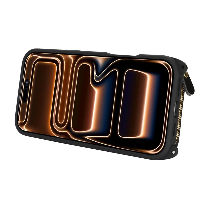 Funda para iPhone 17 Pro Max con Soporte de Anillo, Bolsillo con Cremallera, Soporte de Pie, Cubierta Trasera de Cuero con Correa de Hombro - Negro