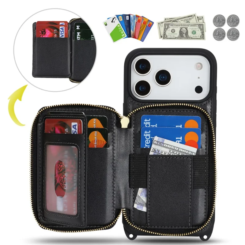 Funda para iPhone 17 Pro Max con Soporte de Anillo, Bolsillo con Cremallera, Soporte de Pie, Cubierta Trasera de Cuero con Correa de Hombro - Negro