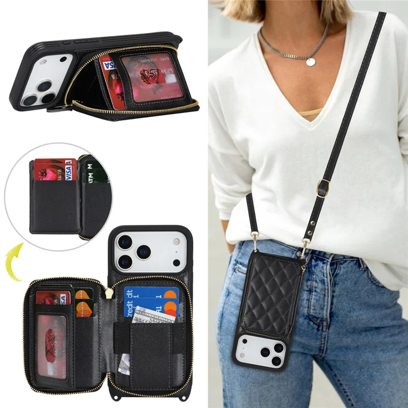 Funda para iPhone 17 Pro Max con Soporte de Anillo, Bolsillo con Cremallera, Soporte de Pie, Cubierta Trasera de Cuero con Correa de Hombro - Negro