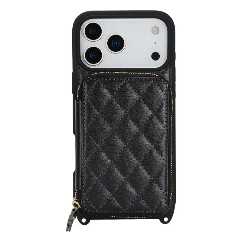 Funda para iPhone 17 Pro Max con Soporte de Anillo, Bolsillo con Cremallera, Soporte de Pie, Cubierta Trasera de Cuero con Correa de Hombro - Negro