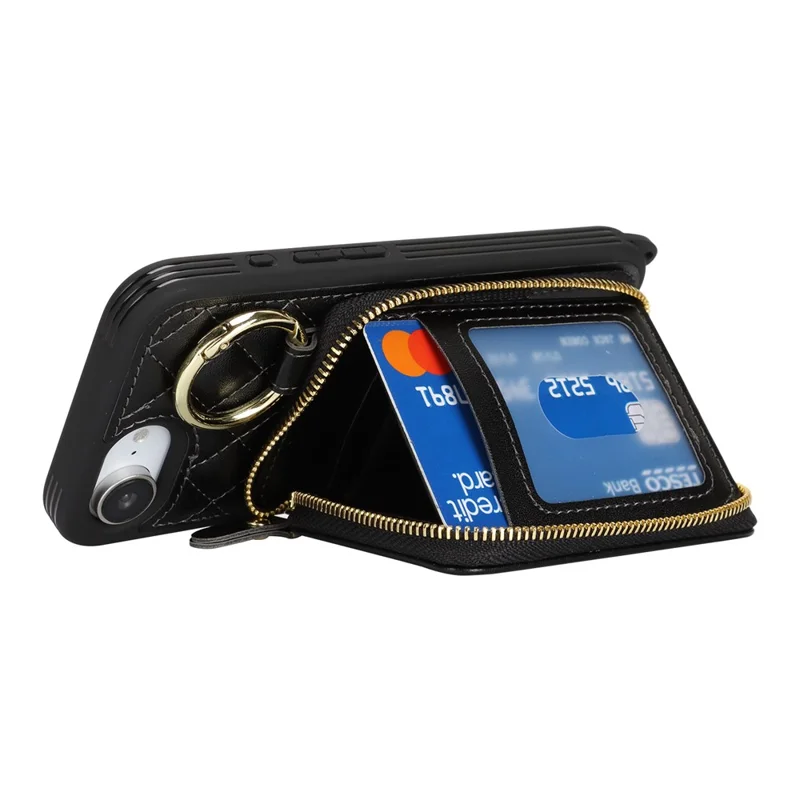 For iPhone 16e Case Ring Holder Zipper Pocket Kickstand Leather Back Phone Cover with Shoulder Strap - Black