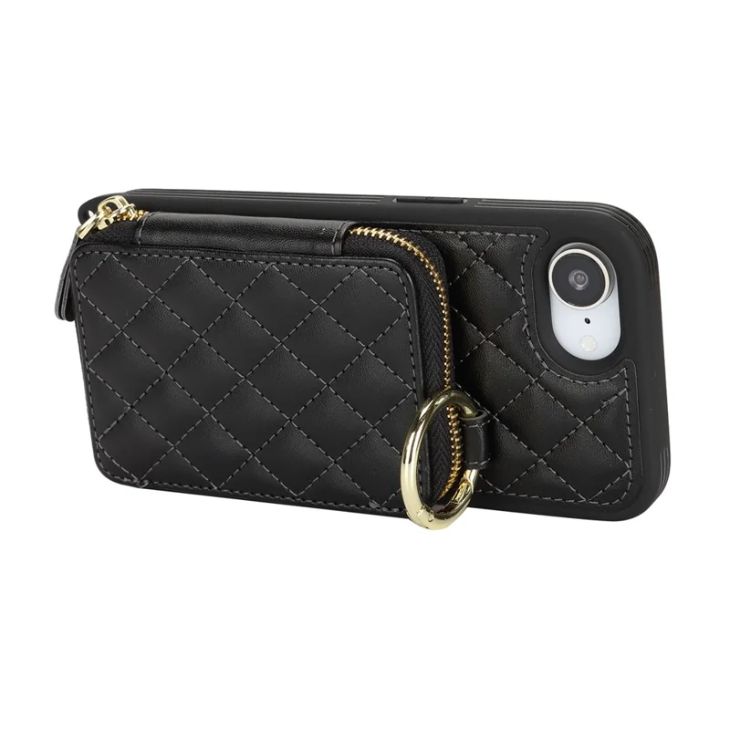 For iPhone 16e Case Ring Holder Zipper Pocket Kickstand Leather Back Phone Cover with Shoulder Strap - Black
