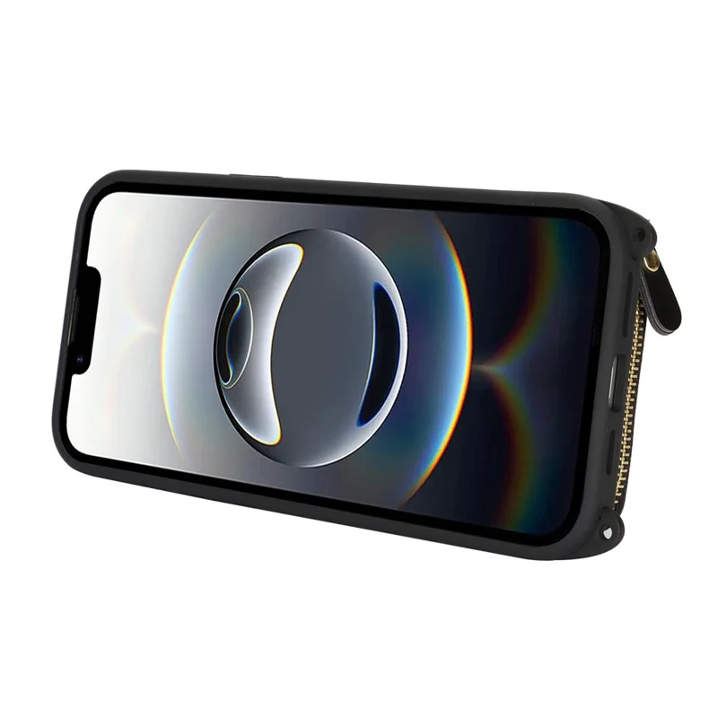 For iPhone 16e Case Ring Holder Zipper Pocket Kickstand Leather Back Phone Cover with Shoulder Strap - Black