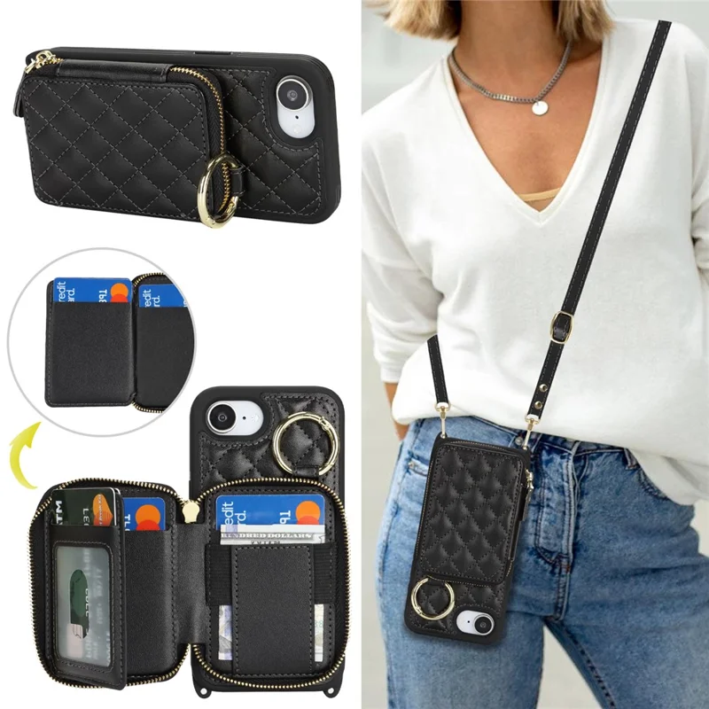 For iPhone 16e Case Ring Holder Zipper Pocket Kickstand Leather Back Phone Cover with Shoulder Strap - Black