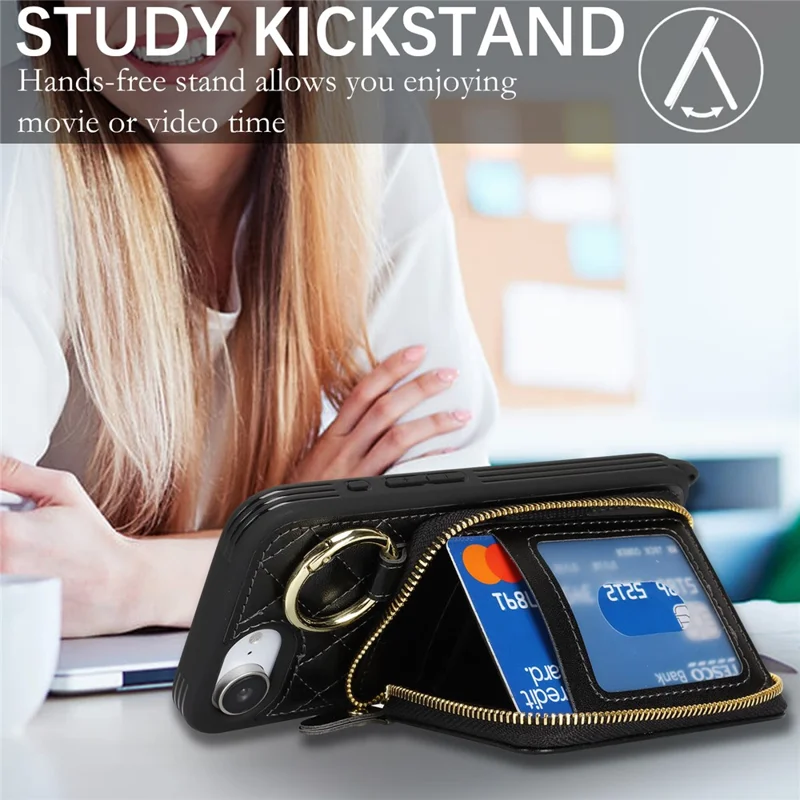 For iPhone 16e Case Ring Holder Zipper Pocket Kickstand Leather Back Phone Cover with Shoulder Strap - Black