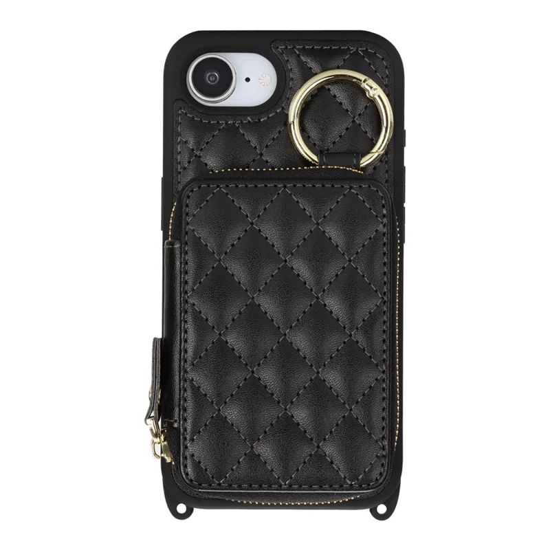 For iPhone 16e Case Ring Holder Zipper Pocket Kickstand Leather Back Phone Cover with Shoulder Strap - Black