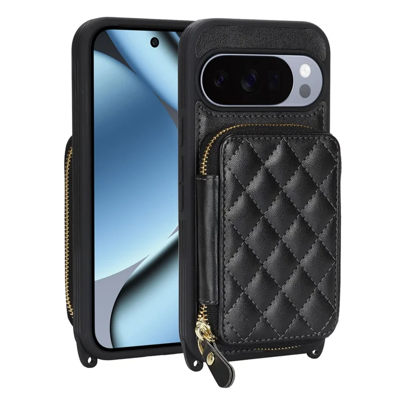 Чехол для Google Pixel 10 / 10 Pro с кольцом-держателем, отделением на молнии, подставкой, кожаной задней панелью и наплечным ремешком — черный