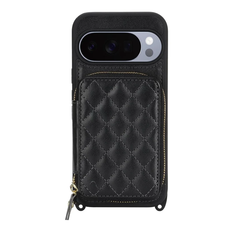 Чехол для Google Pixel 10 / 10 Pro с кольцом-держателем, отделением на молнии, подставкой, кожаной задней панелью и наплечным ремешком — черный