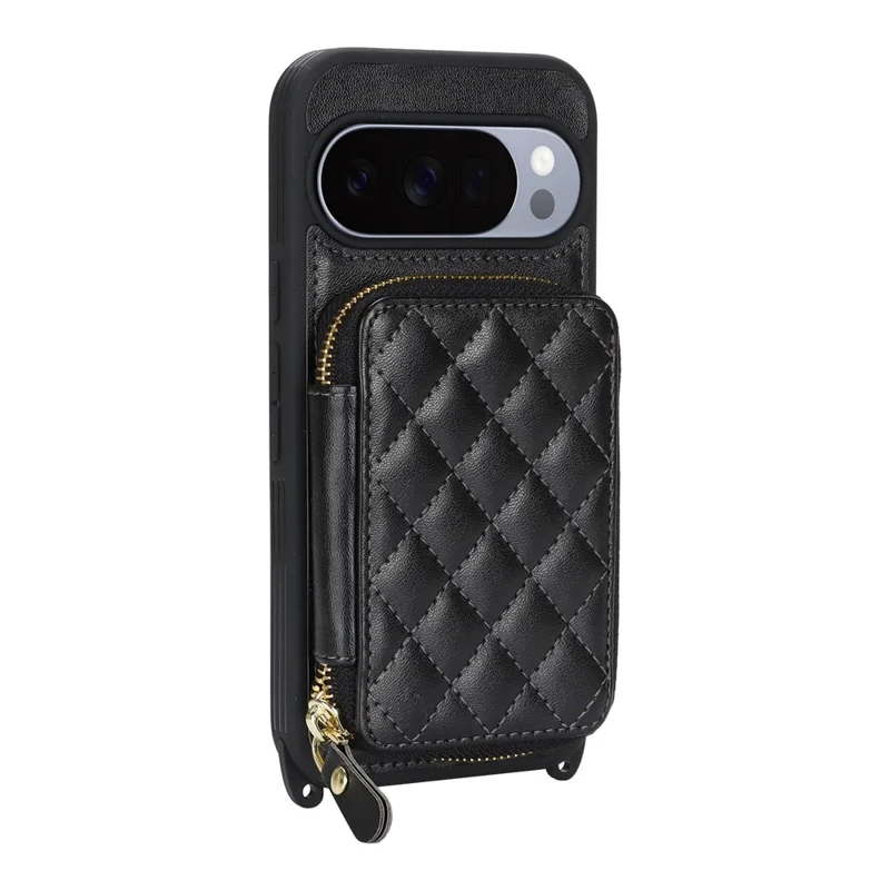 Чехол для Google Pixel 10 / 10 Pro с кольцом-держателем, отделением на молнии, подставкой, кожаной задней панелью и наплечным ремешком — черный