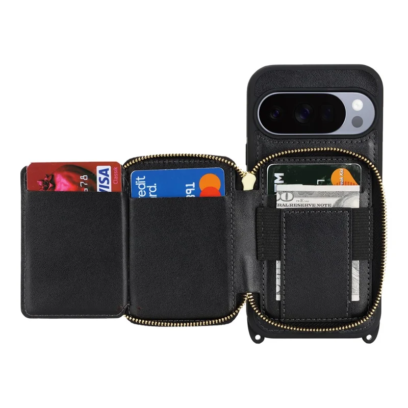 Чехол для Google Pixel 10 / 10 Pro с кольцом-держателем, отделением на молнии, подставкой, кожаной задней панелью и наплечным ремешком — черный