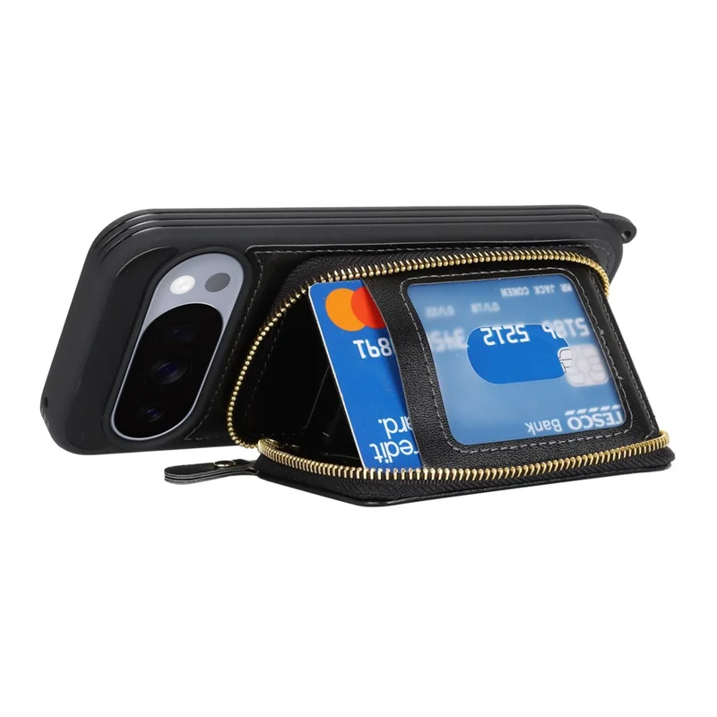 Чехол для Google Pixel 10 / 10 Pro с кольцом-держателем, отделением на молнии, подставкой, кожаной задней панелью и наплечным ремешком — черный