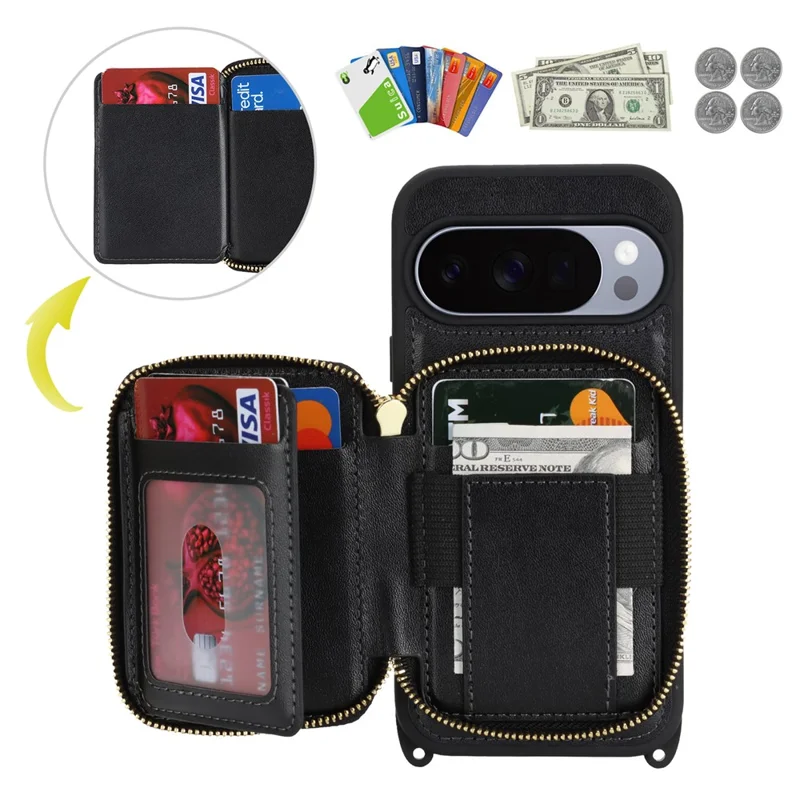 Чехол для Google Pixel 10 / 10 Pro с кольцом-держателем, отделением на молнии, подставкой, кожаной задней панелью и наплечным ремешком — черный