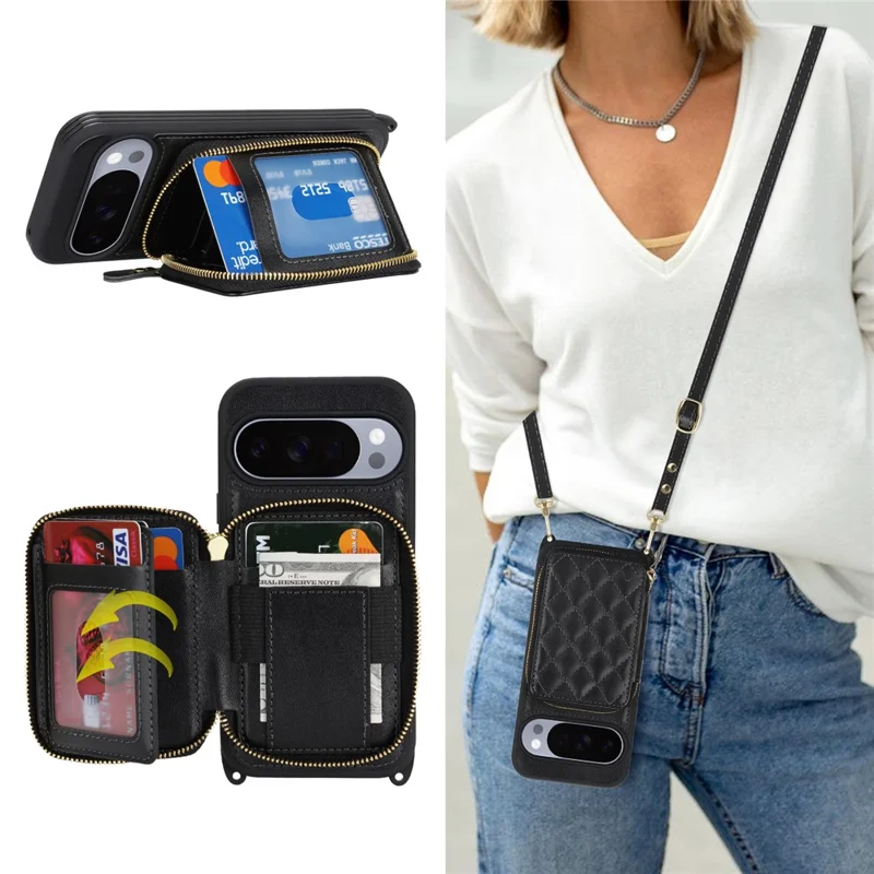 Чехол для Google Pixel 10 / 10 Pro с кольцом-держателем, отделением на молнии, подставкой, кожаной задней панелью и наплечным ремешком — черный