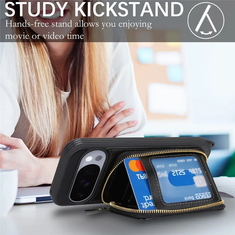 Чехол для Google Pixel 10 / 10 Pro с кольцом-держателем, отделением на молнии, подставкой, кожаной задней панелью и наплечным ремешком — черный