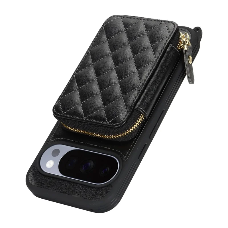 Чехол для Google Pixel 10 / 10 Pro с кольцом-держателем, отделением на молнии, подставкой, кожаной задней панелью и наплечным ремешком — черный