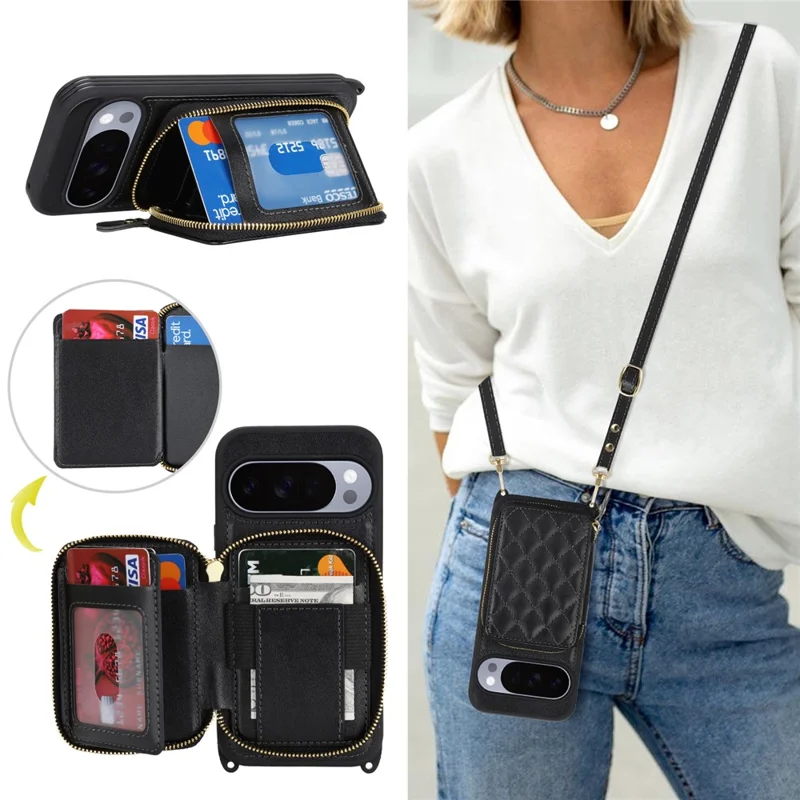 Чехол для Google Pixel 10 / 10 Pro с кольцом-держателем, отделением на молнии, подставкой, кожаной задней панелью и наплечным ремешком — черный