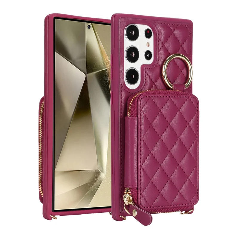For Samsung Galaxy S24 Ultra Case Ring Holder Zipper Pocket Kickstand Leather Back Phone Cover with Shoulder Strap - Wine Red