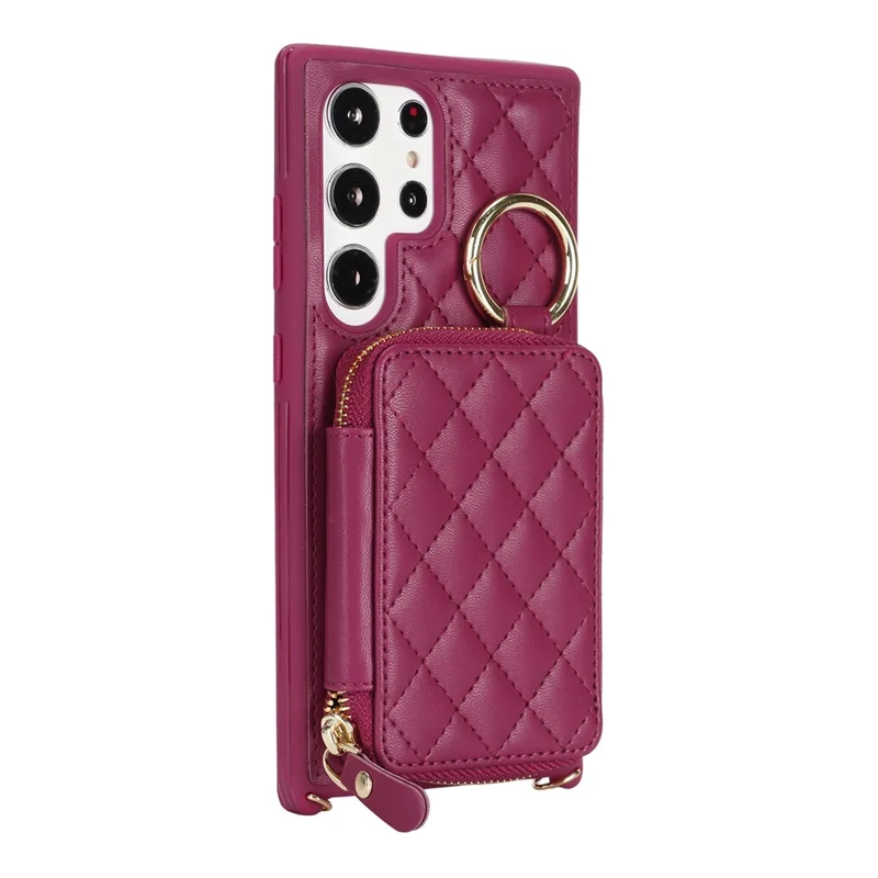 For Samsung Galaxy S24 Ultra Case Ring Holder Zipper Pocket Kickstand Leather Back Phone Cover with Shoulder Strap - Wine Red