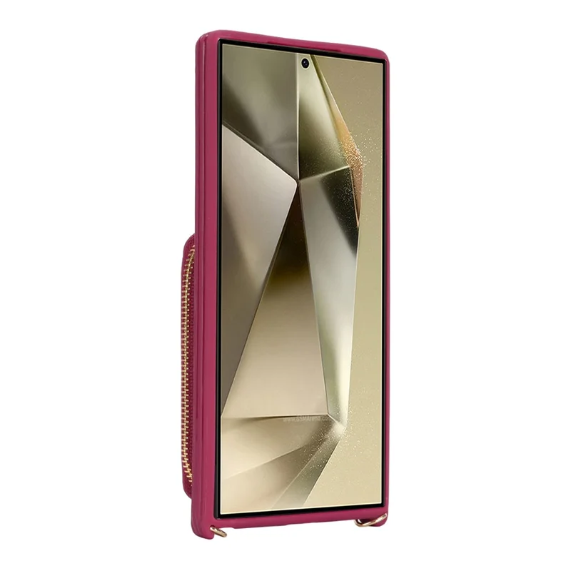 For Samsung Galaxy S24 Ultra Case Ring Holder Zipper Pocket Kickstand Leather Back Phone Cover with Shoulder Strap - Wine Red