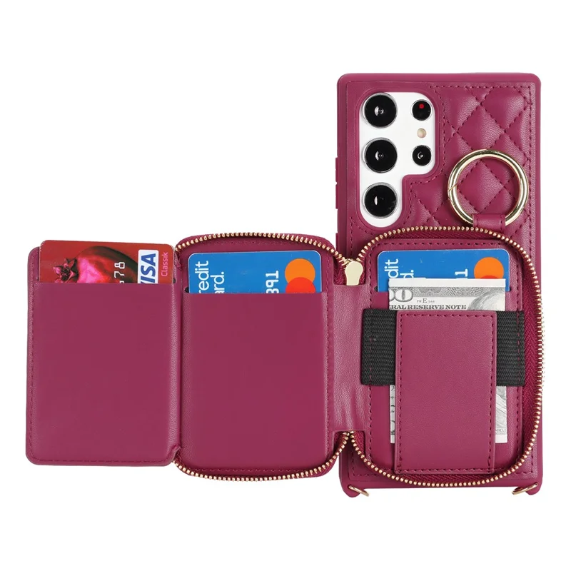 For Samsung Galaxy S24 Ultra Case Ring Holder Zipper Pocket Kickstand Leather Back Phone Cover with Shoulder Strap - Wine Red