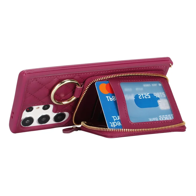 For Samsung Galaxy S24 Ultra Case Ring Holder Zipper Pocket Kickstand Leather Back Phone Cover with Shoulder Strap - Wine Red