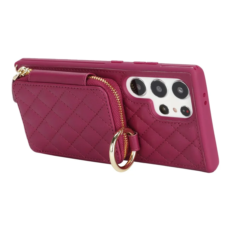 For Samsung Galaxy S24 Ultra Case Ring Holder Zipper Pocket Kickstand Leather Back Phone Cover with Shoulder Strap - Wine Red