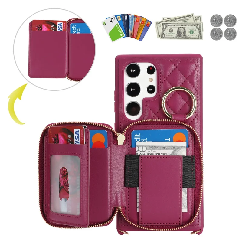 For Samsung Galaxy S24 Ultra Case Ring Holder Zipper Pocket Kickstand Leather Back Phone Cover with Shoulder Strap - Wine Red