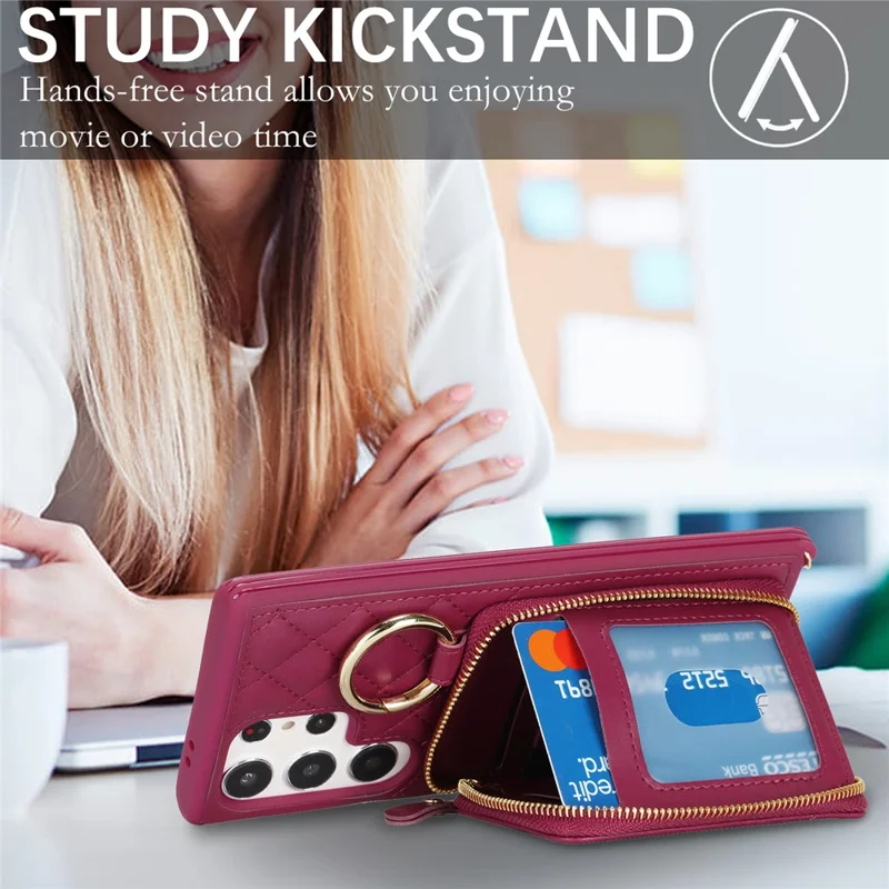 For Samsung Galaxy S24 Ultra Case Ring Holder Zipper Pocket Kickstand Leather Back Phone Cover with Shoulder Strap - Wine Red
