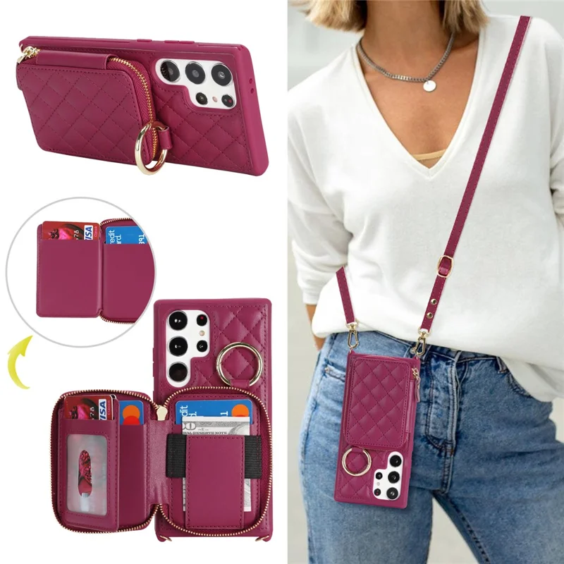 For Samsung Galaxy S24 Ultra Case Ring Holder Zipper Pocket Kickstand Leather Back Phone Cover with Shoulder Strap - Wine Red