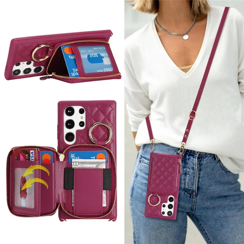 For Samsung Galaxy S24 Ultra Case Ring Holder Zipper Pocket Kickstand Leather Back Phone Cover with Shoulder Strap - Wine Red