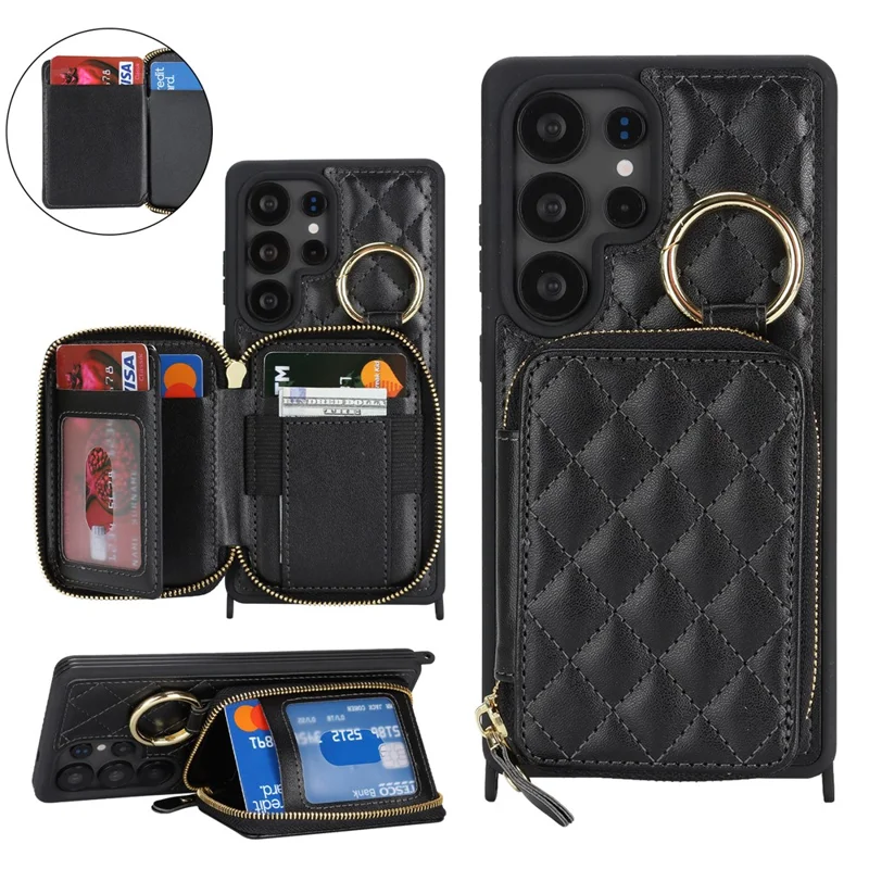 For Samsung Galaxy S25 Ultra Case Ring Holder Zipper Pocket Kickstand Leather Back Phone Cover with Shoulder Strap - Black