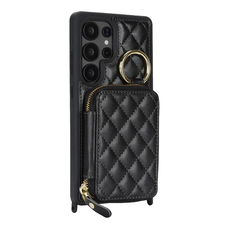For Samsung Galaxy S25 Ultra Case Ring Holder Zipper Pocket Kickstand Leather Back Phone Cover with Shoulder Strap - Black