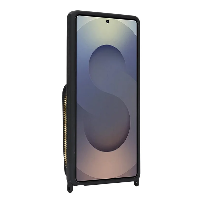 For Samsung Galaxy S25 Ultra Case Ring Holder Zipper Pocket Kickstand Leather Back Phone Cover with Shoulder Strap - Black