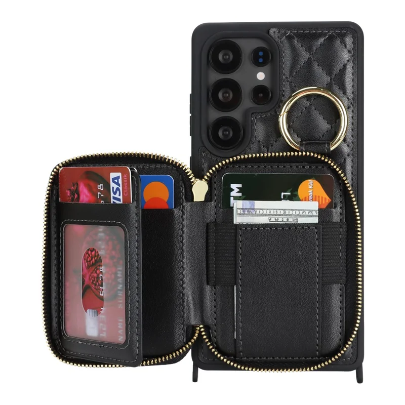 For Samsung Galaxy S25 Ultra Case Ring Holder Zipper Pocket Kickstand Leather Back Phone Cover with Shoulder Strap - Black
