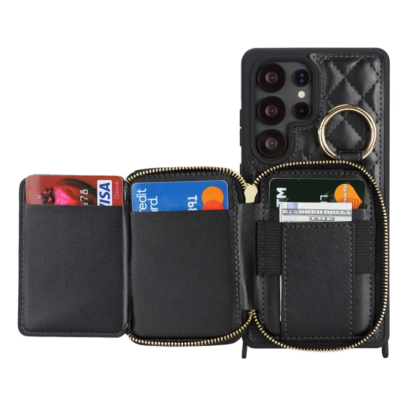 For Samsung Galaxy S25 Ultra Case Ring Holder Zipper Pocket Kickstand Leather Back Phone Cover with Shoulder Strap - Black