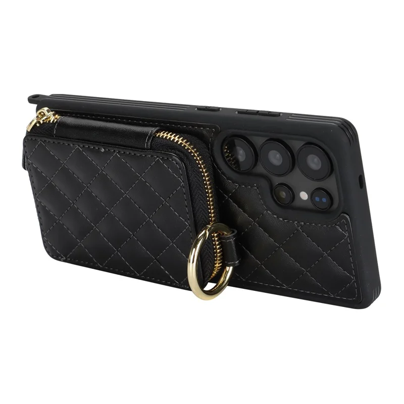 For Samsung Galaxy S25 Ultra Case Ring Holder Zipper Pocket Kickstand Leather Back Phone Cover with Shoulder Strap - Black