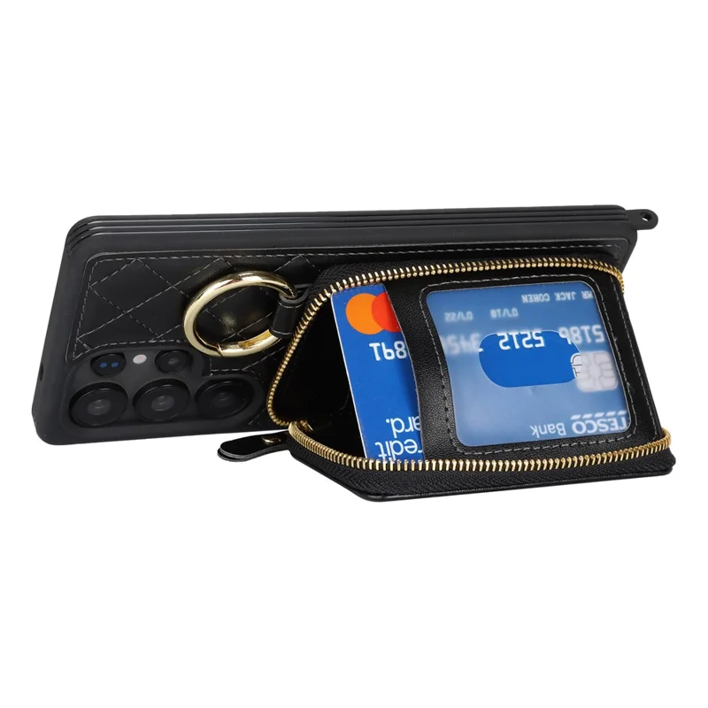 For Samsung Galaxy S25 Ultra Case Ring Holder Zipper Pocket Kickstand Leather Back Phone Cover with Shoulder Strap - Black